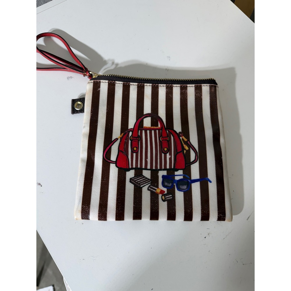 Henri Bendel Brown White Striped Embroidered Wristlet Pouch Zip Bag